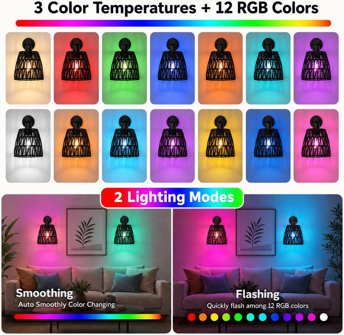 Black Battery Operated Wall Sconces Set of 2, Rattan Wall Sconces with Remote, RGB 15 Colors Dimmable Rechargeable Wall