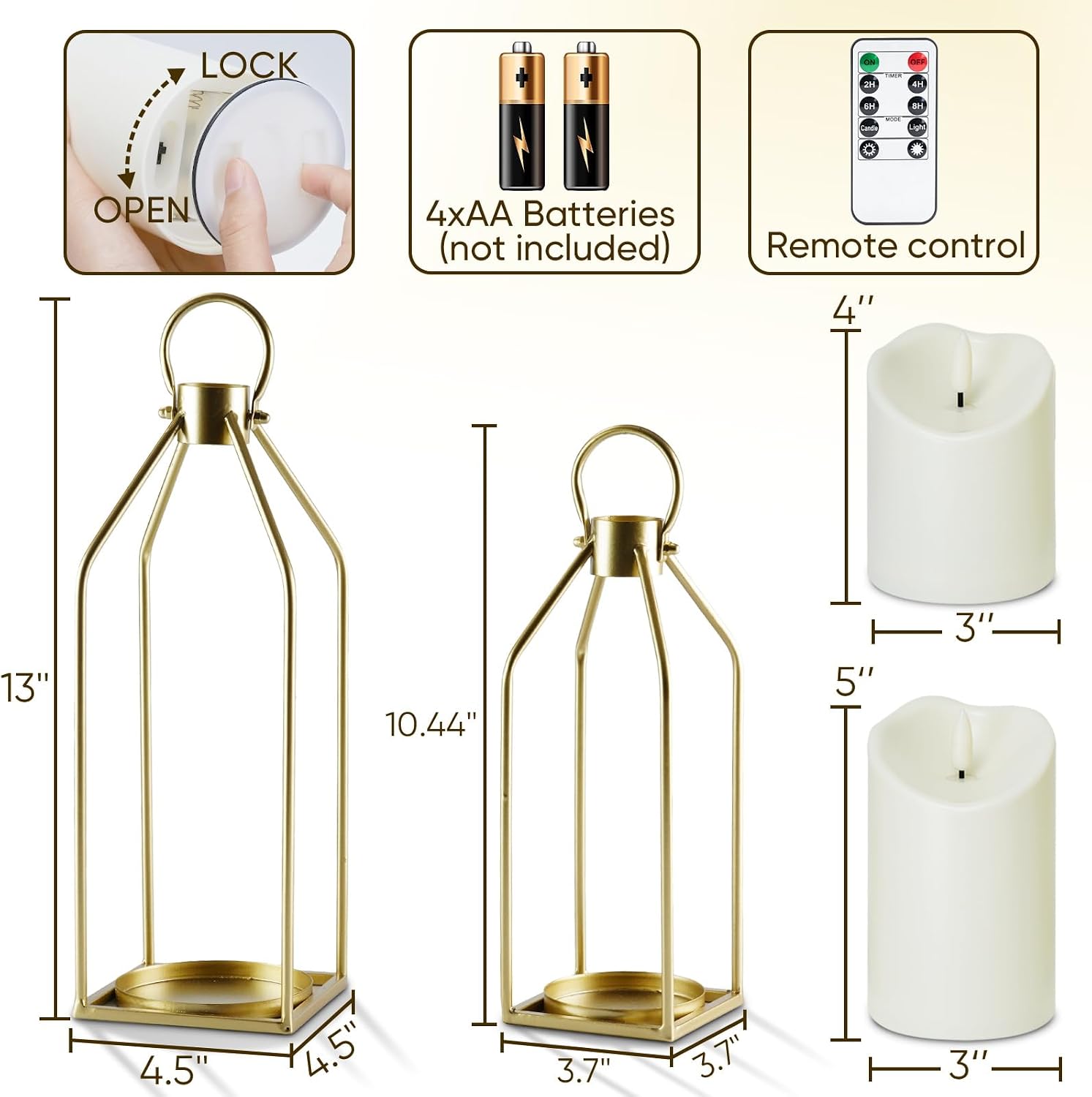 Homemory Modern Farmhouse Gold Metal Lanterns 2PCS with Flameless Candle | Waterproof Lantern Design Outdoor Indoor