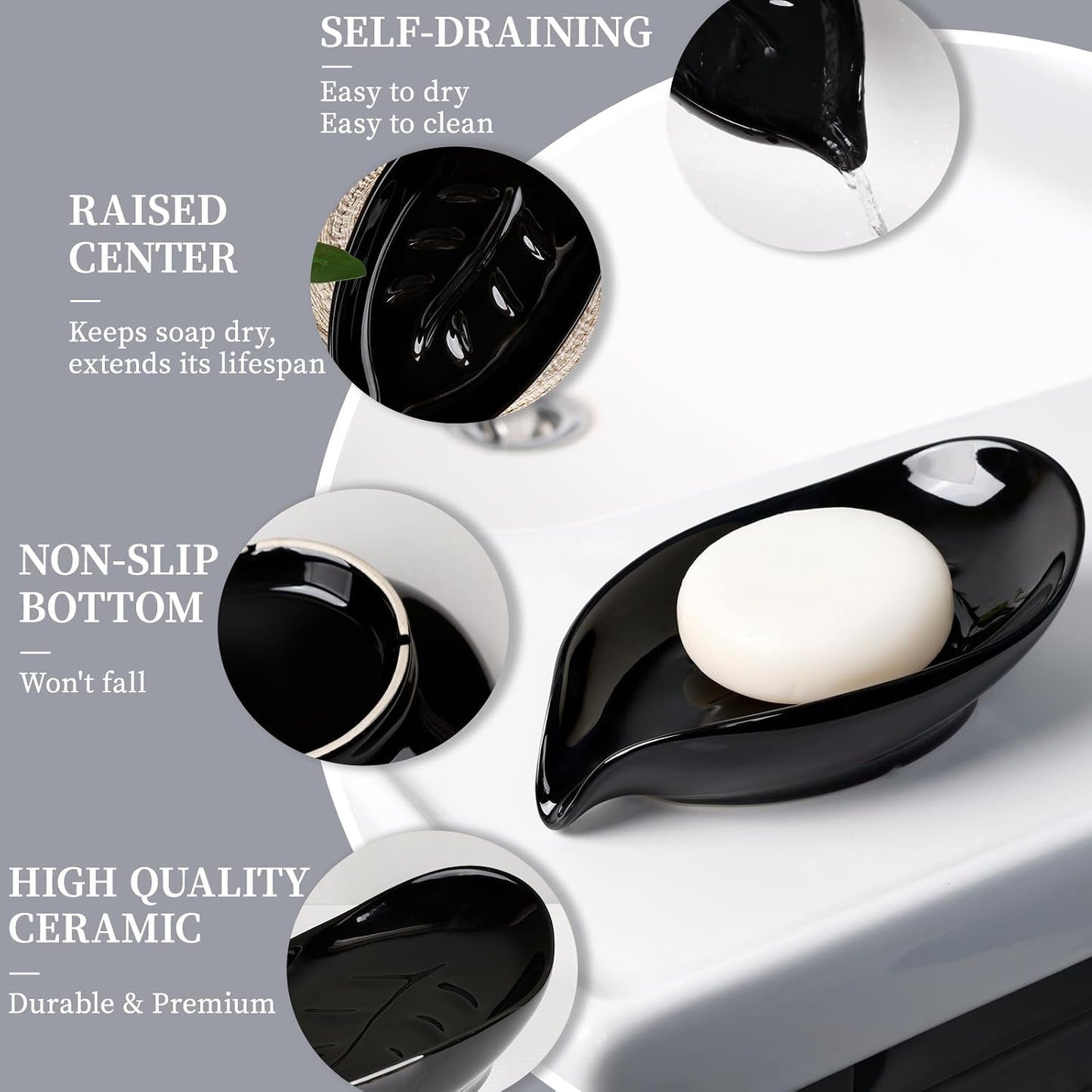 Leaf Shape Ceramic Bar Soap Holder Drain Soap Dishes / Black- -enhanced Draining / Set of 2