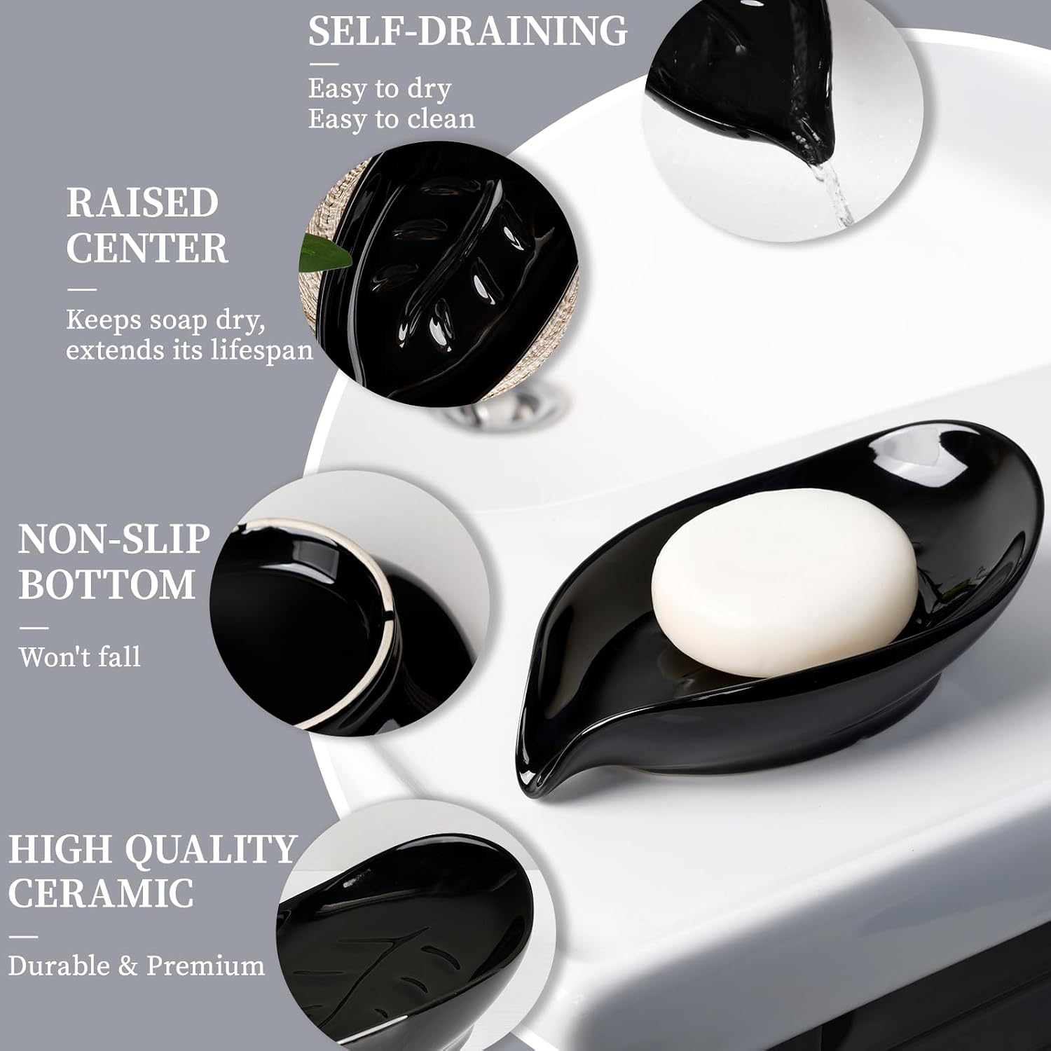 Leaf Shape Ceramic Bar Soap Holder Drain Soap Dishes / Black- -enhanced Draining / Set of 2