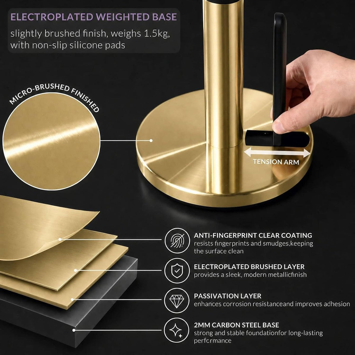 simpletome ONE Hand Tear Paper Towel Holder Countertop (Brushed Gold) | tension arm, tear one/more sheets at one time
