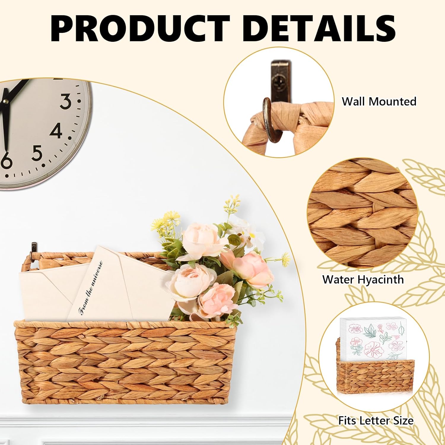 Woven Mail Holder Wall Mount Basket Rattan Wall Letter Holder Wicker Wall / 9.25 x 1.57 / Set of 2