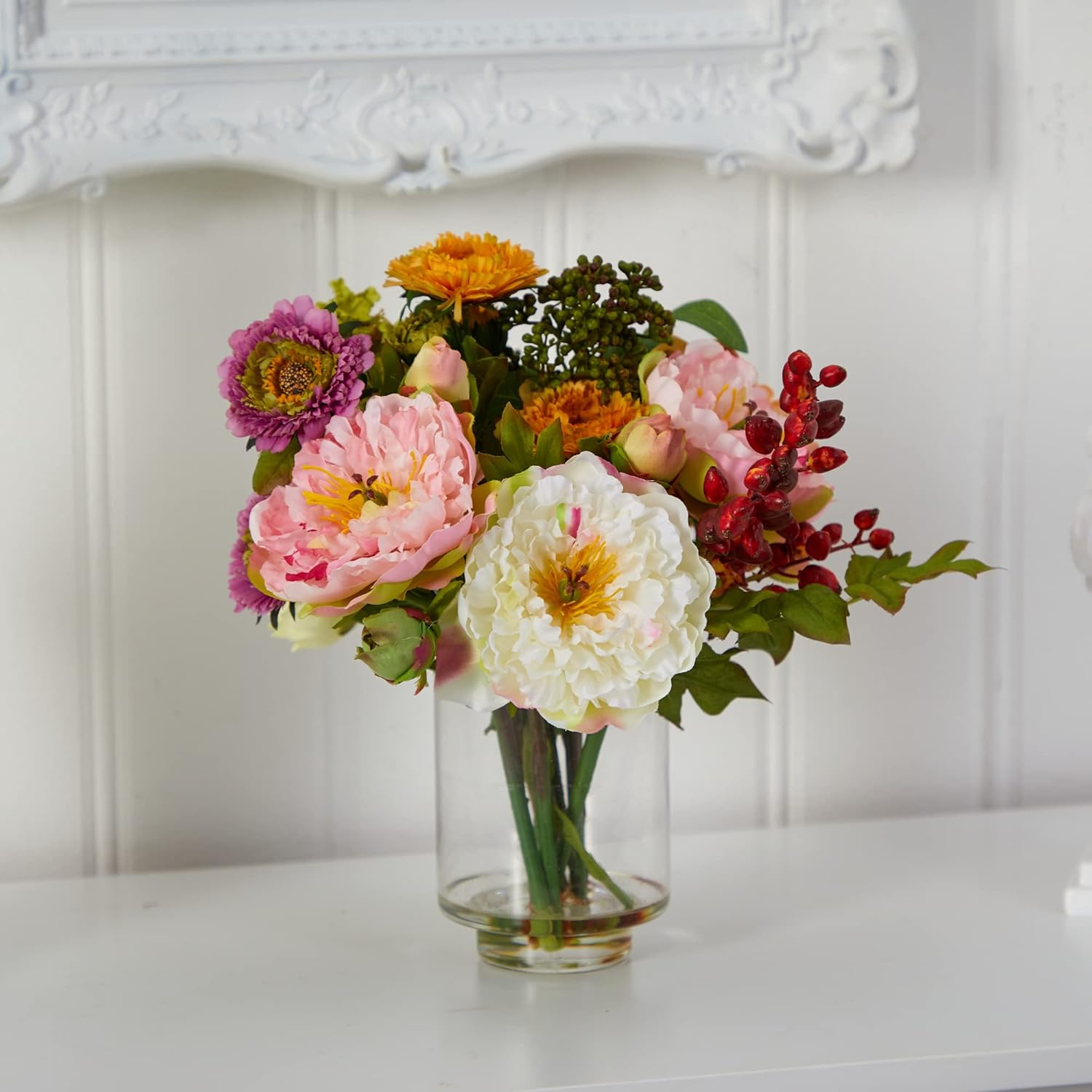 Faux Flowers / Mini Artificial Peony Floral Arrangement / Assorted / 10"D x 10"W x 10"H