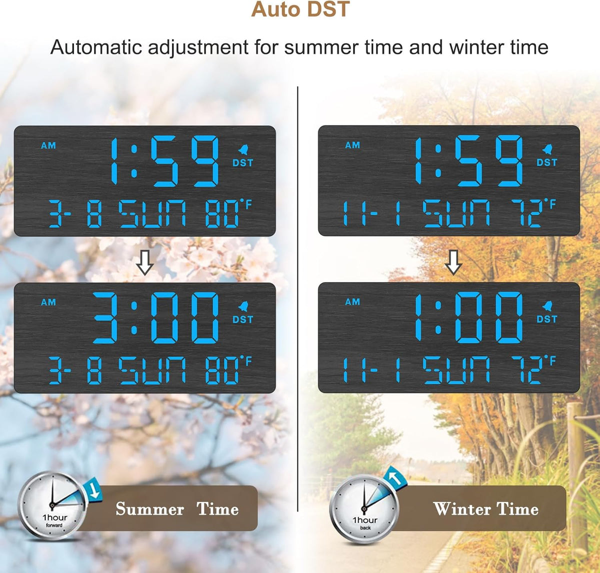 DreamSky Wooden Digital Alarm Clocks for Bedrooms with Date & Day of Week | Living Room Desk Clock, Temperature, USB
