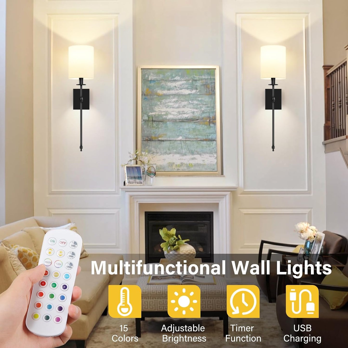 27 Inch Black Battery Operated Wall Sconces Set of 2, Rechargeable Wireless Wall Lights with Remote & White Fabric