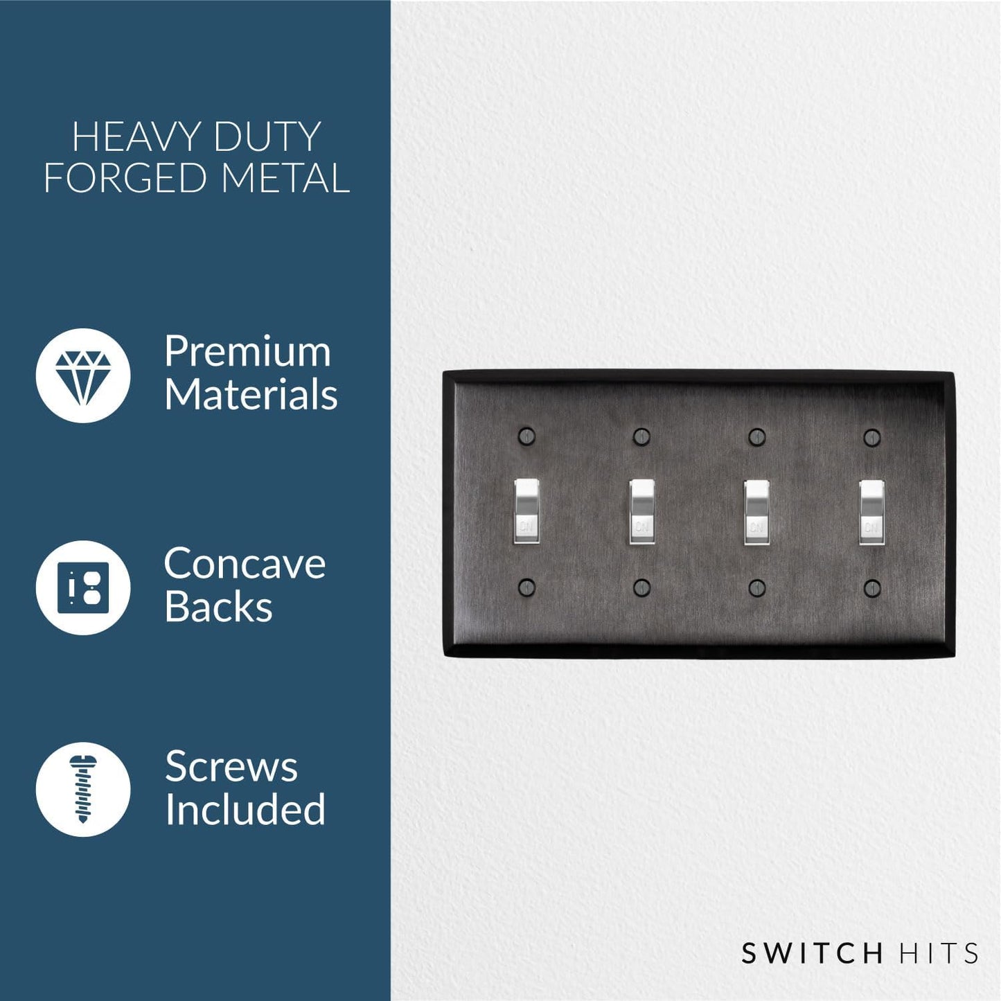 Satin Nickel Black Outlet Wall Plate | 4 Toggle | 8.25" x 4.5" | Hand-Polished Brass Construction | Electrical Switch