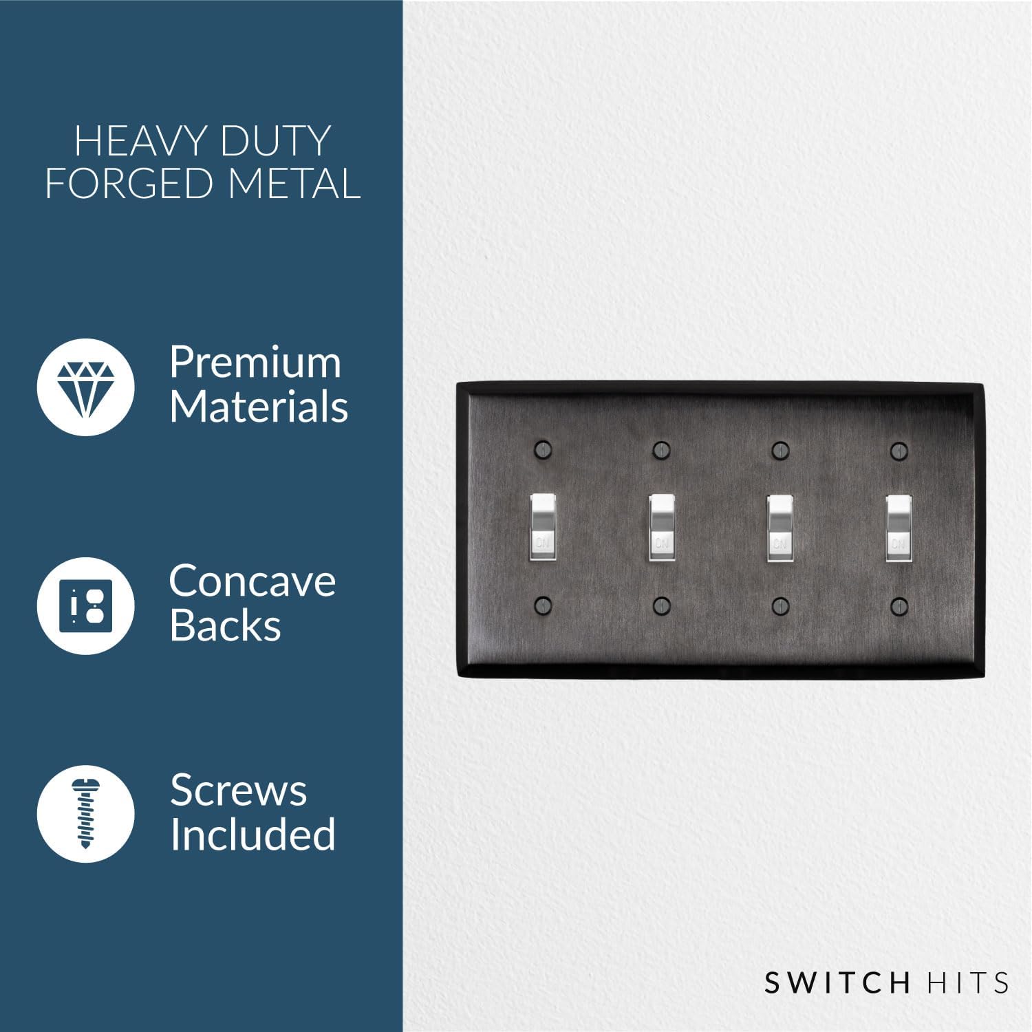 Satin Nickel Black Outlet Wall Plate | 4 Toggle | 8.25" x 4.5" | Hand-Polished Brass Construction | Electrical Switch