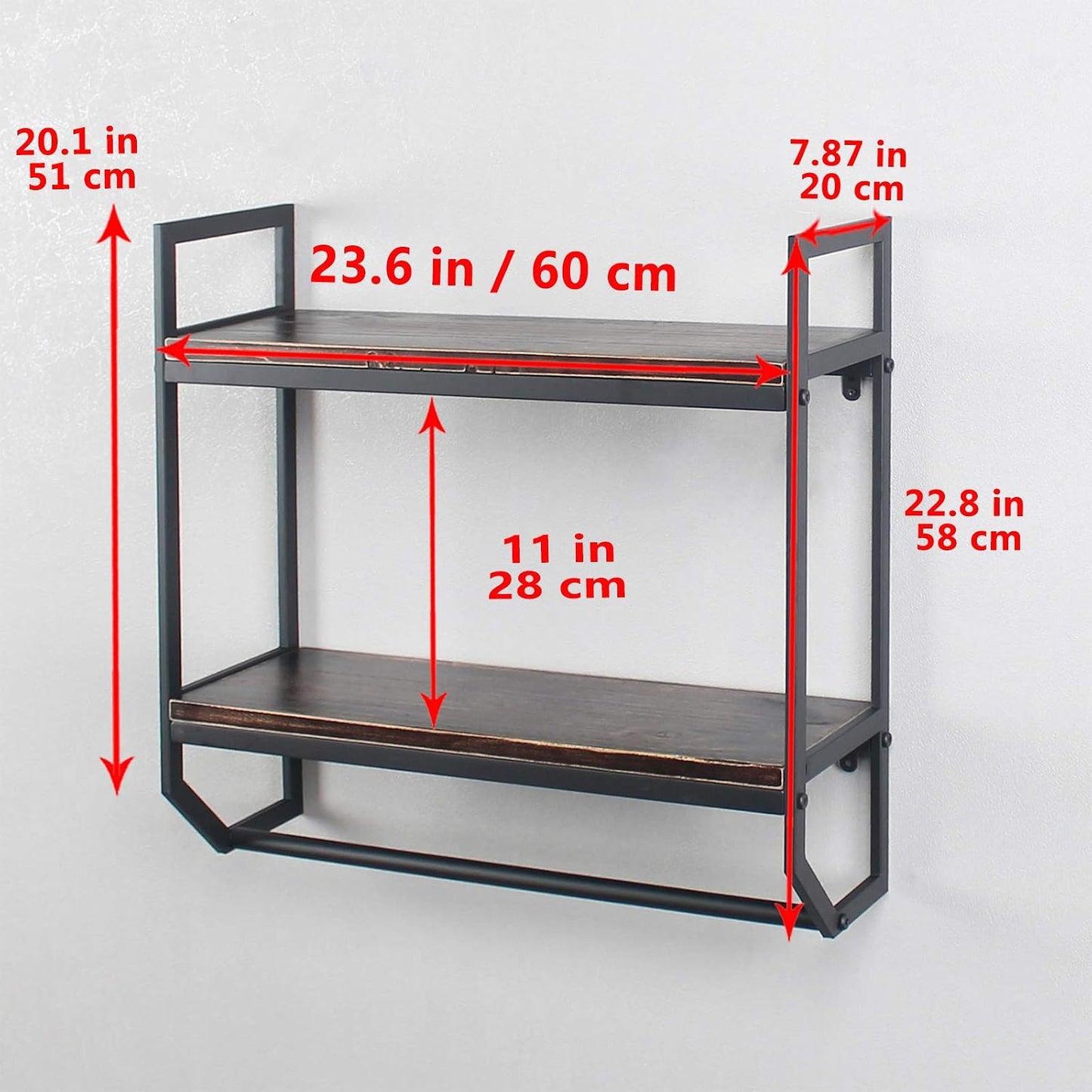 2-Tier Metal Industrial 23.6" Bathroom Shelves Wall Mounted,Rustic Wall Shelf Over Toilet,Towel Rack with Towel