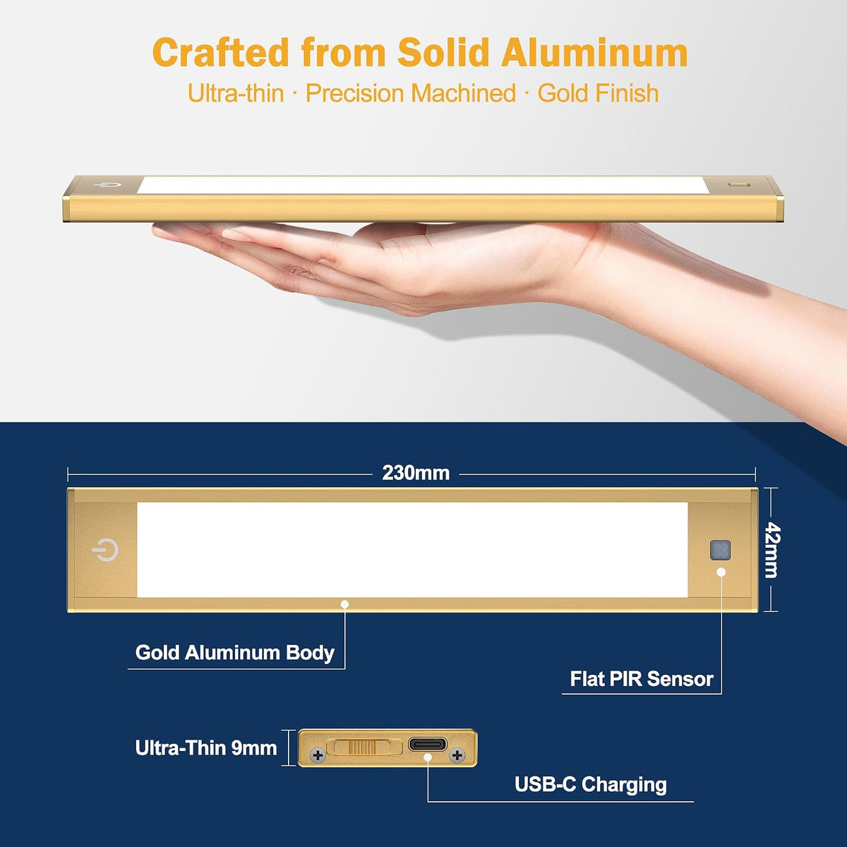 V4light Motion Sensor Cabinet Light, Rechargeable, Dimmable, 2Pcs, 9in | Gold aluminum, magnetic wireless, 1800mAh, 3