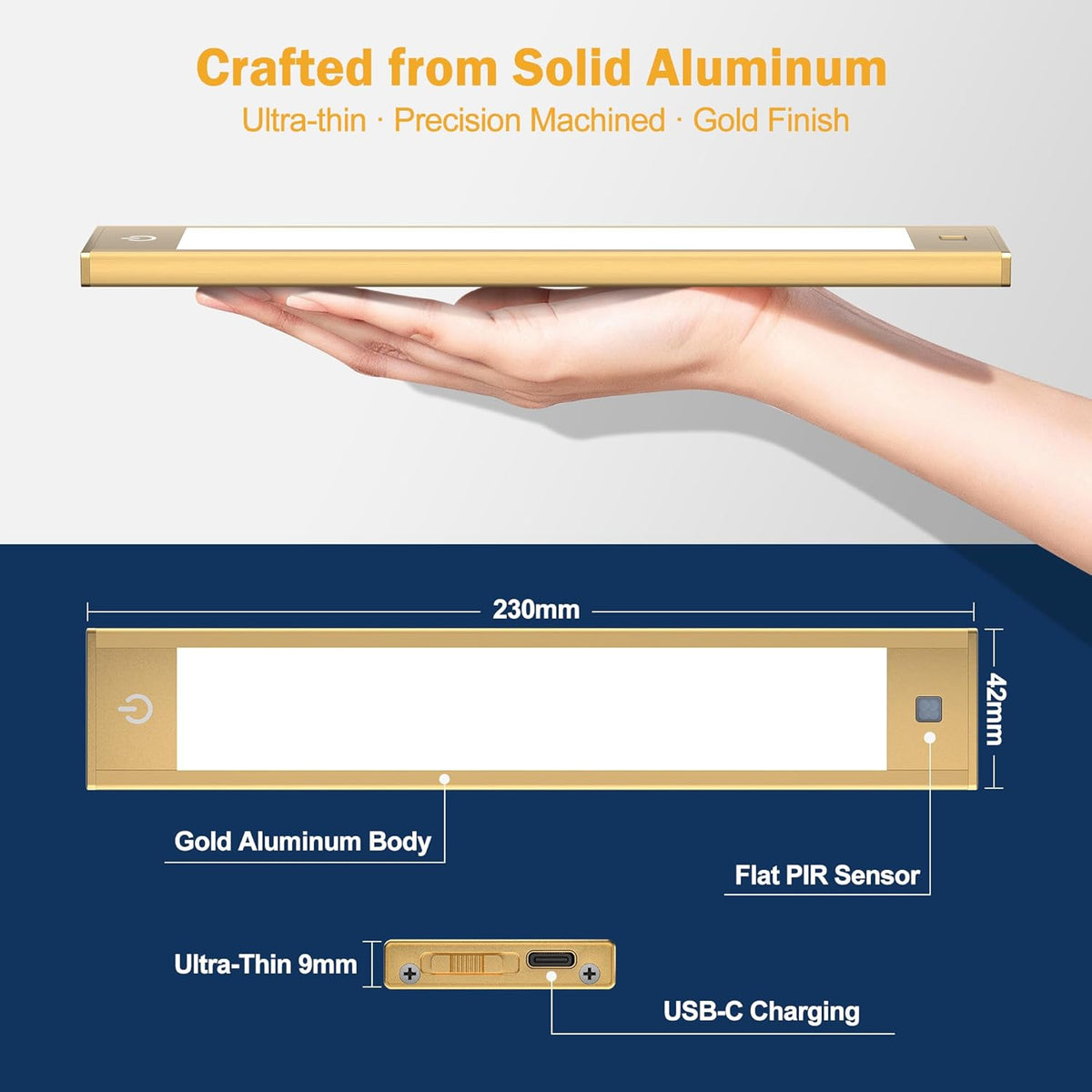 V4light Motion Sensor Cabinet Light, Rechargeable, Dimmable, 2Pcs, 9in | Silver aluminum, magnetic wireless, 1800mAh, 3