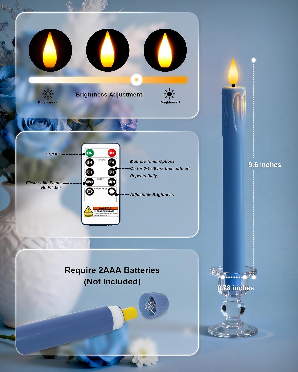 Homemory 6 Pcs Real Wax Blue Flameless Taper Candles with Remote Timer, 9.6 Inches LED Fake Candlesticks, LED Candle