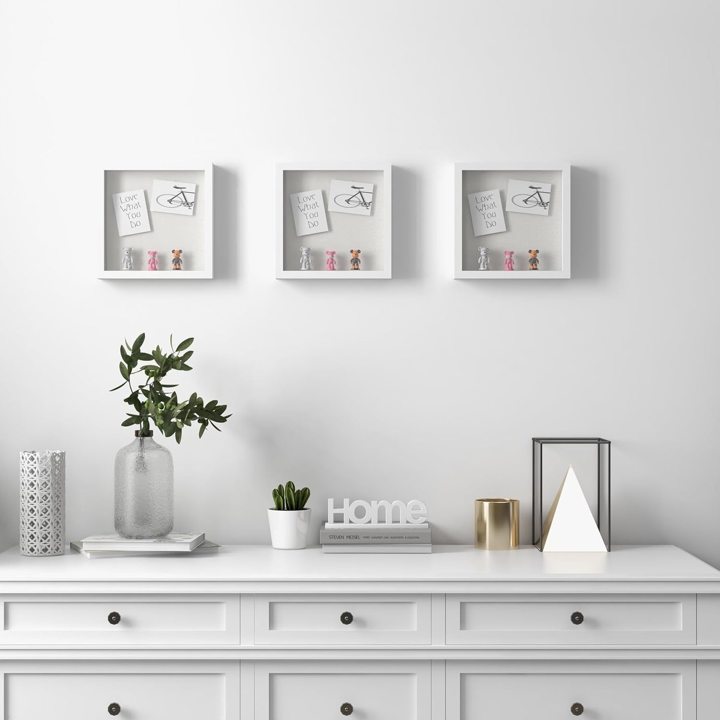 Elegant Deep Wood Shadow Box Frames - Set of 3 White 10x10 Display Cases with Real Glass and Linen Backboard, Perfect