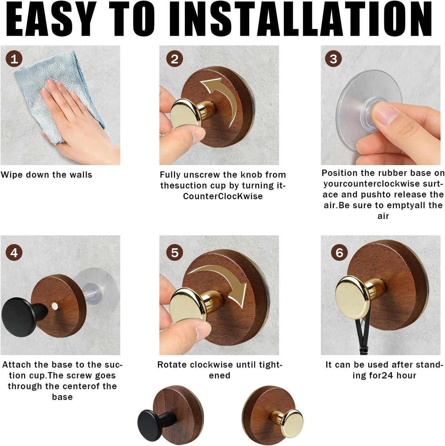 Suction Cup Hooks / Walnut Wood