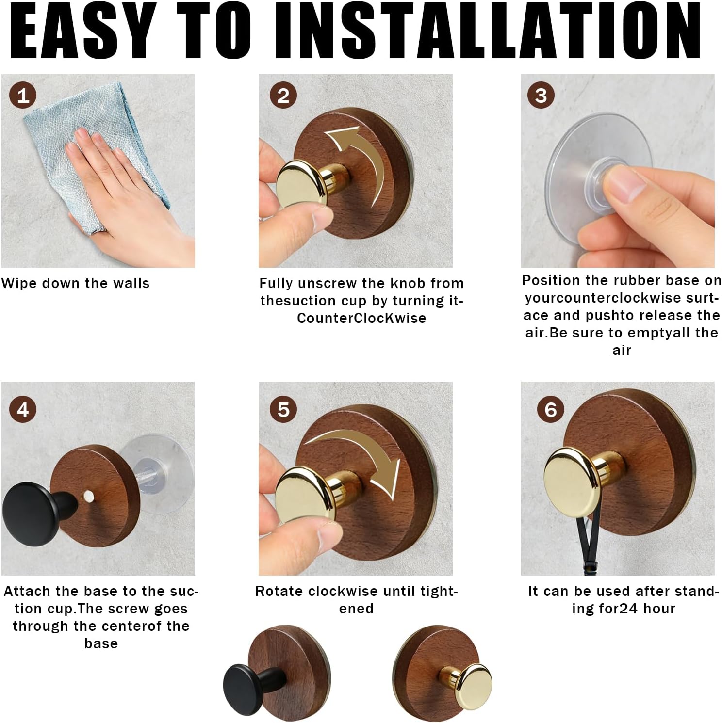 Suction Cup Hooks / Walnut Wood