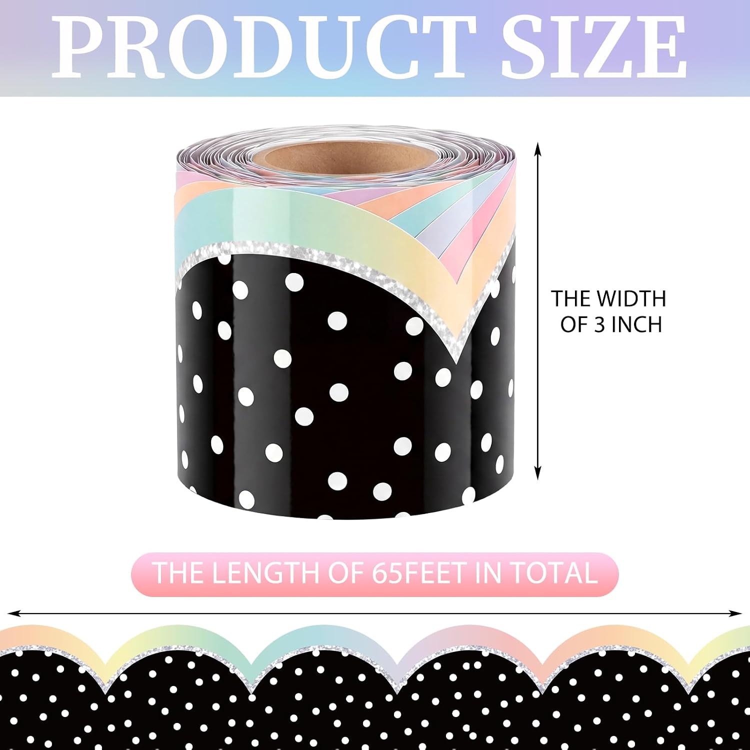 Bulletin Board Borders for Back to School Classroom and White Polka Dot Scalloped / Pastel / Black