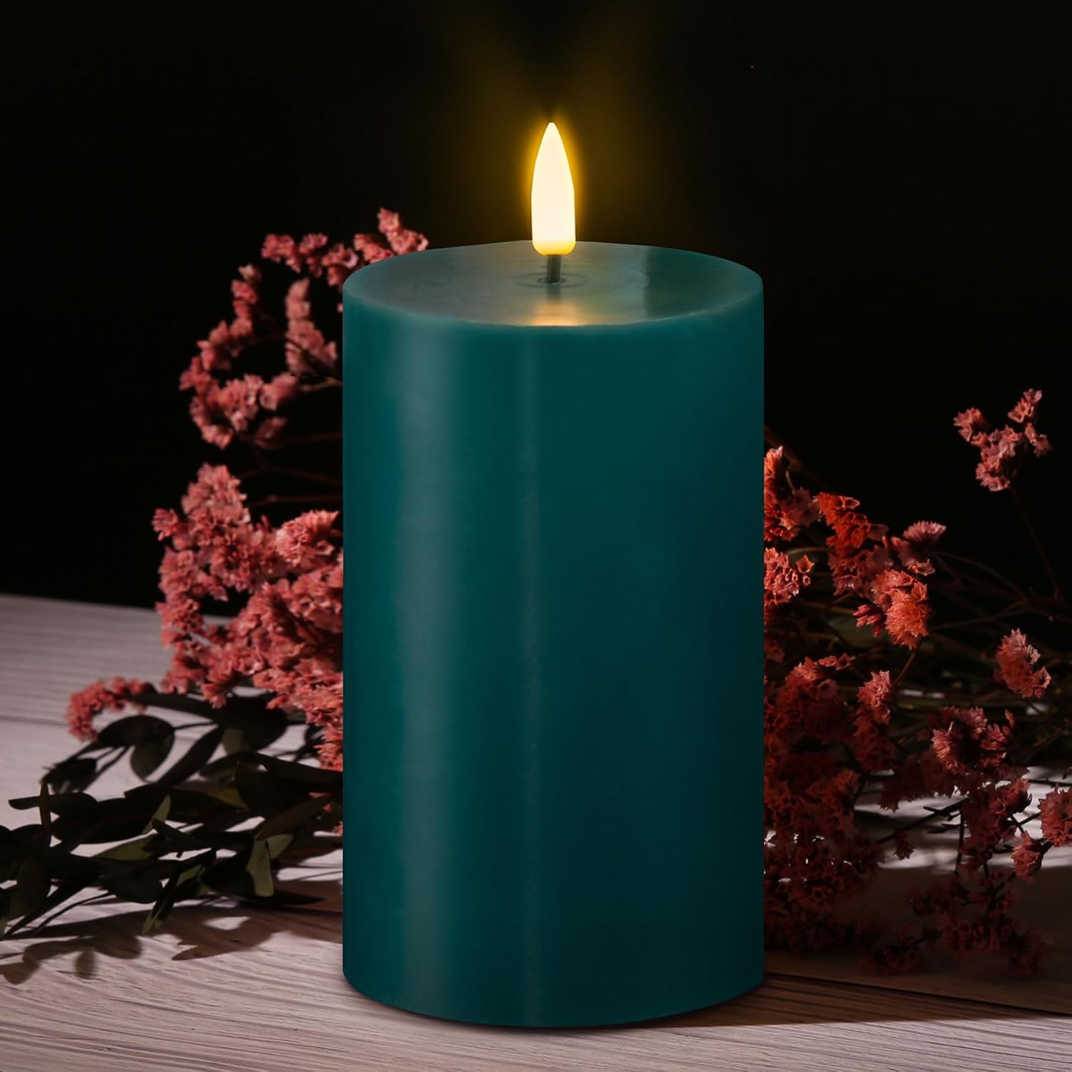 Green Flameless Pillar Candles with Remote Set of 3 | Flickering LED Candles, 2 AA Battery Power, Flat Top Real Wax