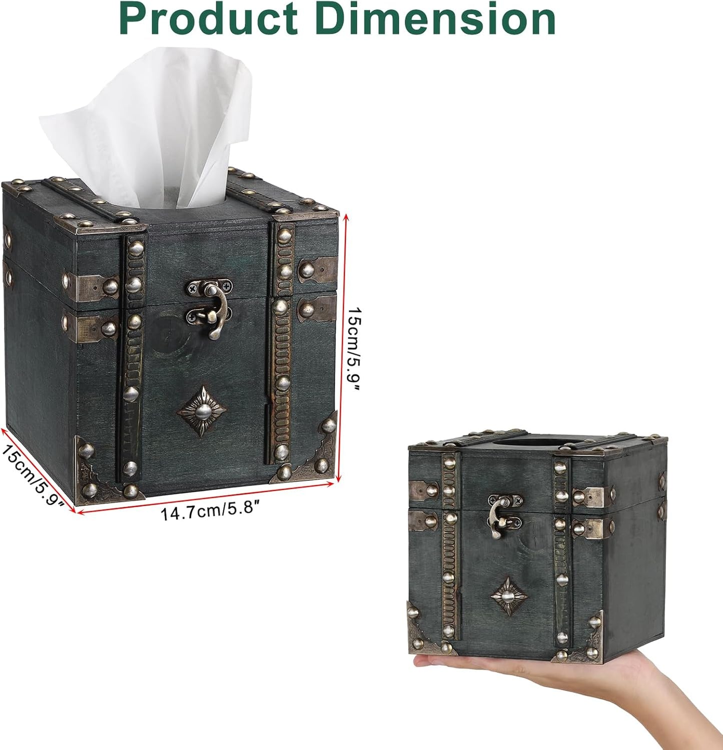 Retro Wood Square Tissue Box Cover Vintage Cube Tissue Holder / Green