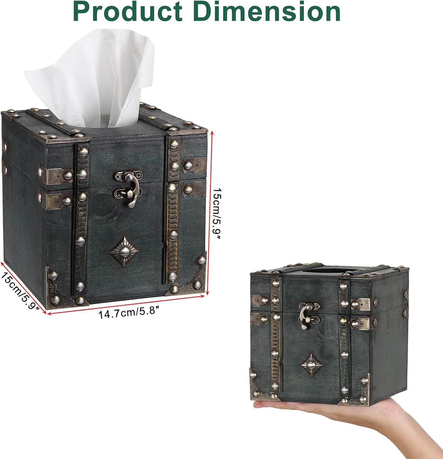Retro Wood Square Tissue Box Cover Vintage Cube Tissue Holder / Green