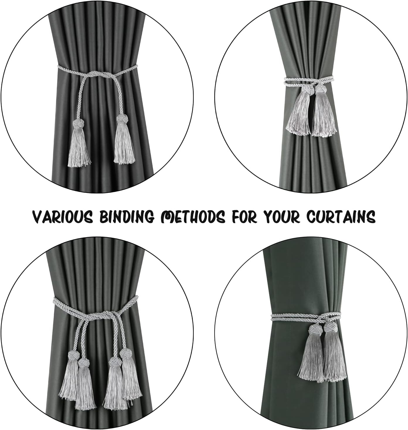 BEL AVENIR 6 Pack Handmade Rope Tassel Curtain Tiebacks | Decorative Curtain Holdbacks with Tassel (Silver, 6 Pack)