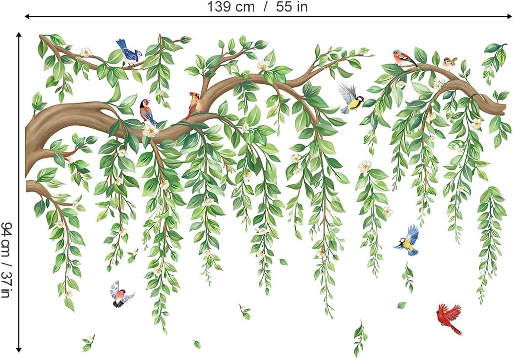 Large Tree Branch Hanging Vine Wall Stickers Leaf Flower Birds Peel and Stick Wall Art / Green