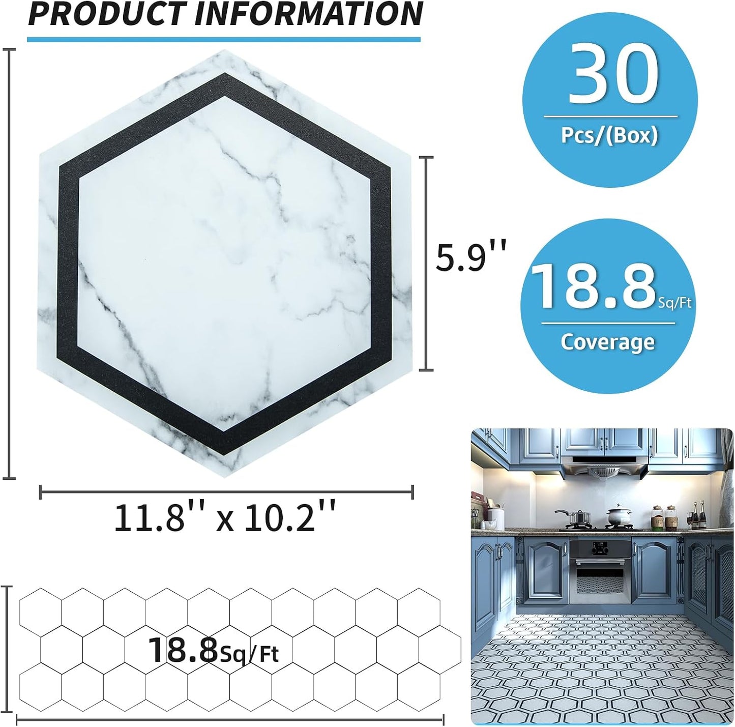 Self Adhesive Waterproof Vinyl Floor Tile / 11.8 x 10.2 / White Marble / Set of 30