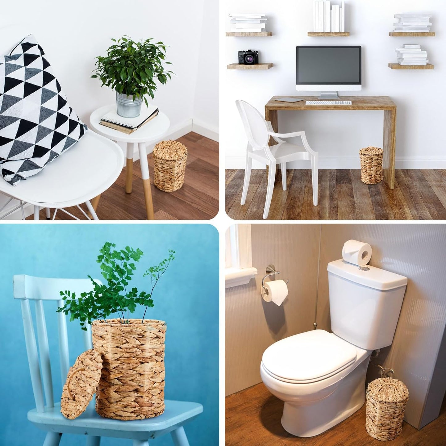 Lid Handle Boho Woven Braided Bathroom Waste Basket Trash Can / Natural / 1.3 Gallons / Round