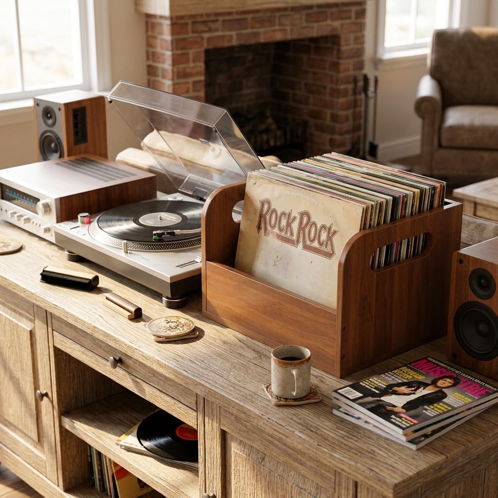 100% Solid Wood Vinyl Record Storage Retro & Sturdy Wooden Vinyl Crate | Vinly Record Holder for Albums Books Files