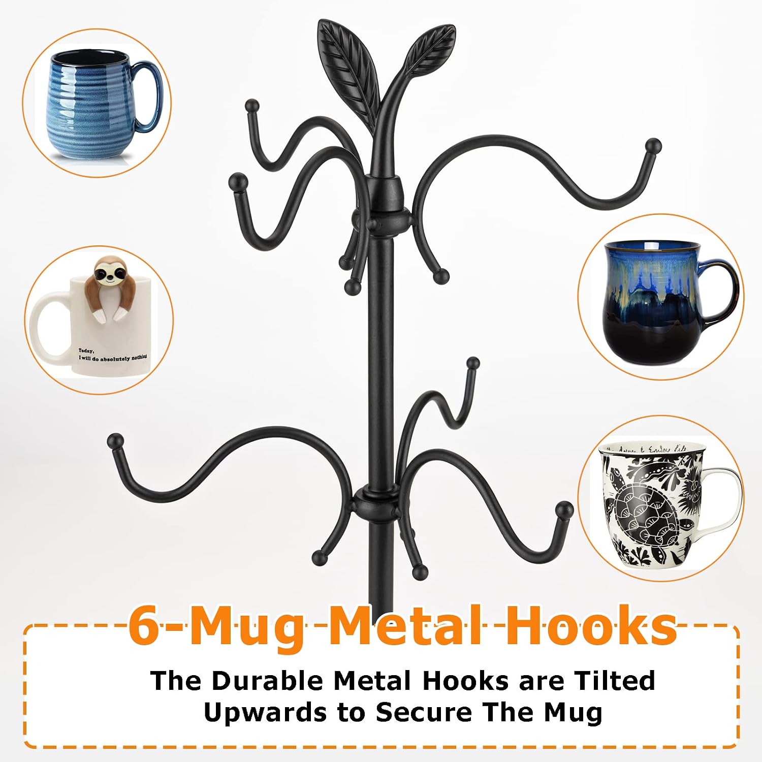 Coffee Mug Holder for Large Mugs, Mug Tree for Counter, Cup Holder for Countertop, Mug Rack with Tray, Metal Mug Tree