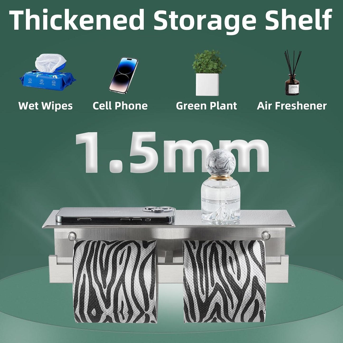 APLusee Dual Roll Toilet Paper Holder, Brushed Nickel, 304 Stainless Steel | Multiuse Top Shelf, Air Freshener & Tissue