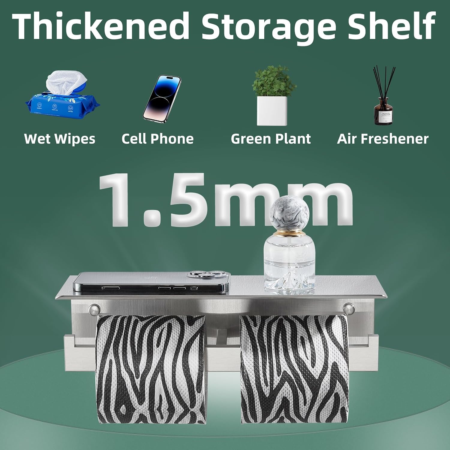 APLusee Dual Roll Toilet Paper Holder, Brushed Nickel, 304 Stainless Steel | Multiuse Top Shelf, Air Freshener & Tissue