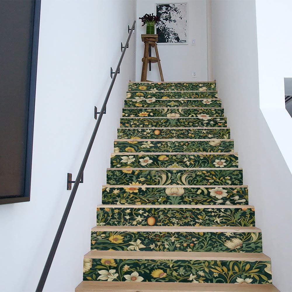 William Morrise Leaf Vine White Flowers Damask Vintage Peel and Stick Vinyl Stair / Stad-043 / Green