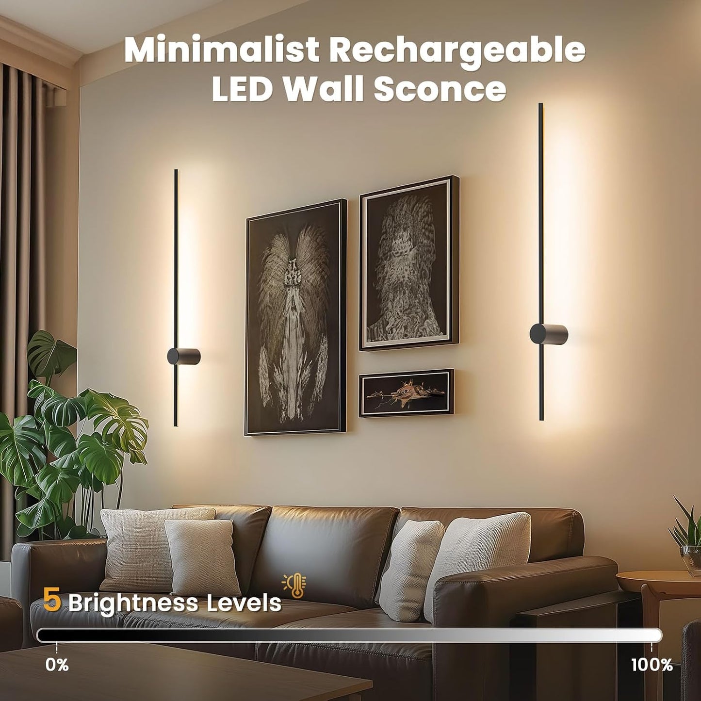 35.4 Inch Battery Operated Wall Sconce Set of 2,Black Minimalist Rechargeable LED Wall Lights with Remote, 10 Colors