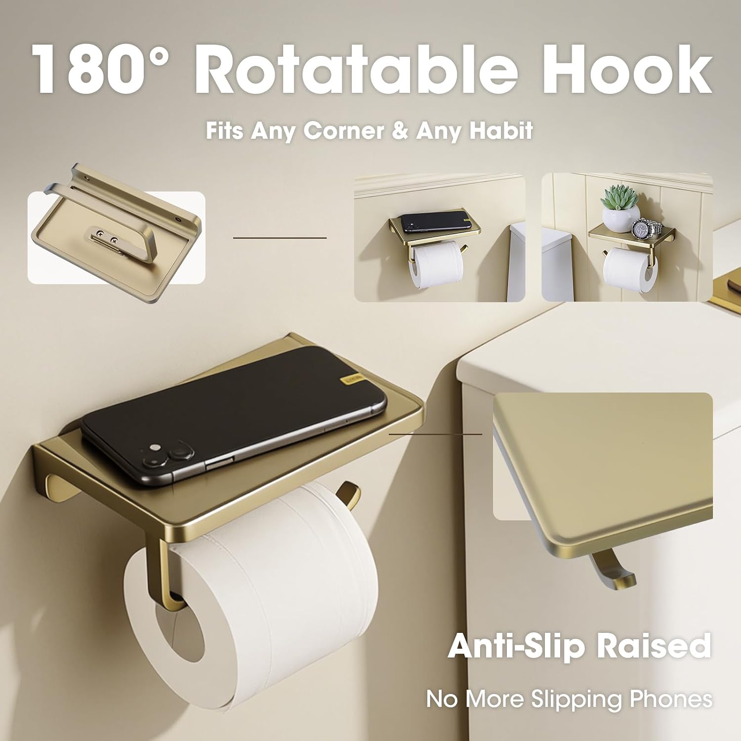 TRUSTMI Toilet Paper Holder with Phone Shelf, Zinc Alloy, Brushed Gold | Solid zinc alloy holder holds 15 lbs and fits