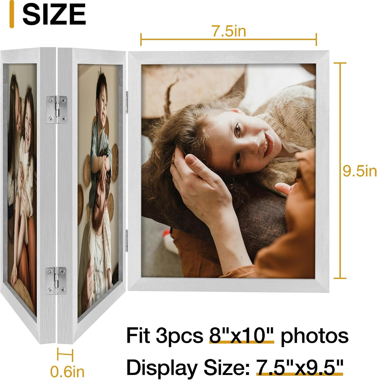 decorUhome Sliver Triple 8x10 Picture Frame Vertical, MDSL08 | "Z" Shape Folding Design Engineered Wood Trifold Photo