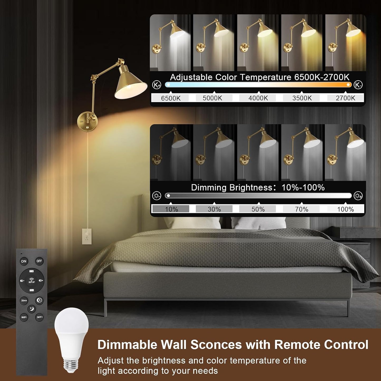 TRLIFE Wall Sconce with Remote Control, Brushed Brass Plug in Wall Sconces Dimmable and Adjustable Color Temperature