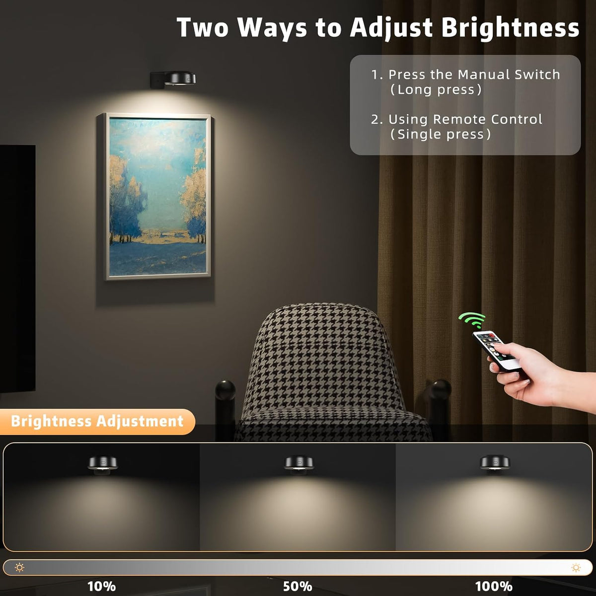 3 Pcs Picture Lights, Rechargeable Battery Operated Dimmable 3-Color Wall Light with Remote & Timer for Paintings