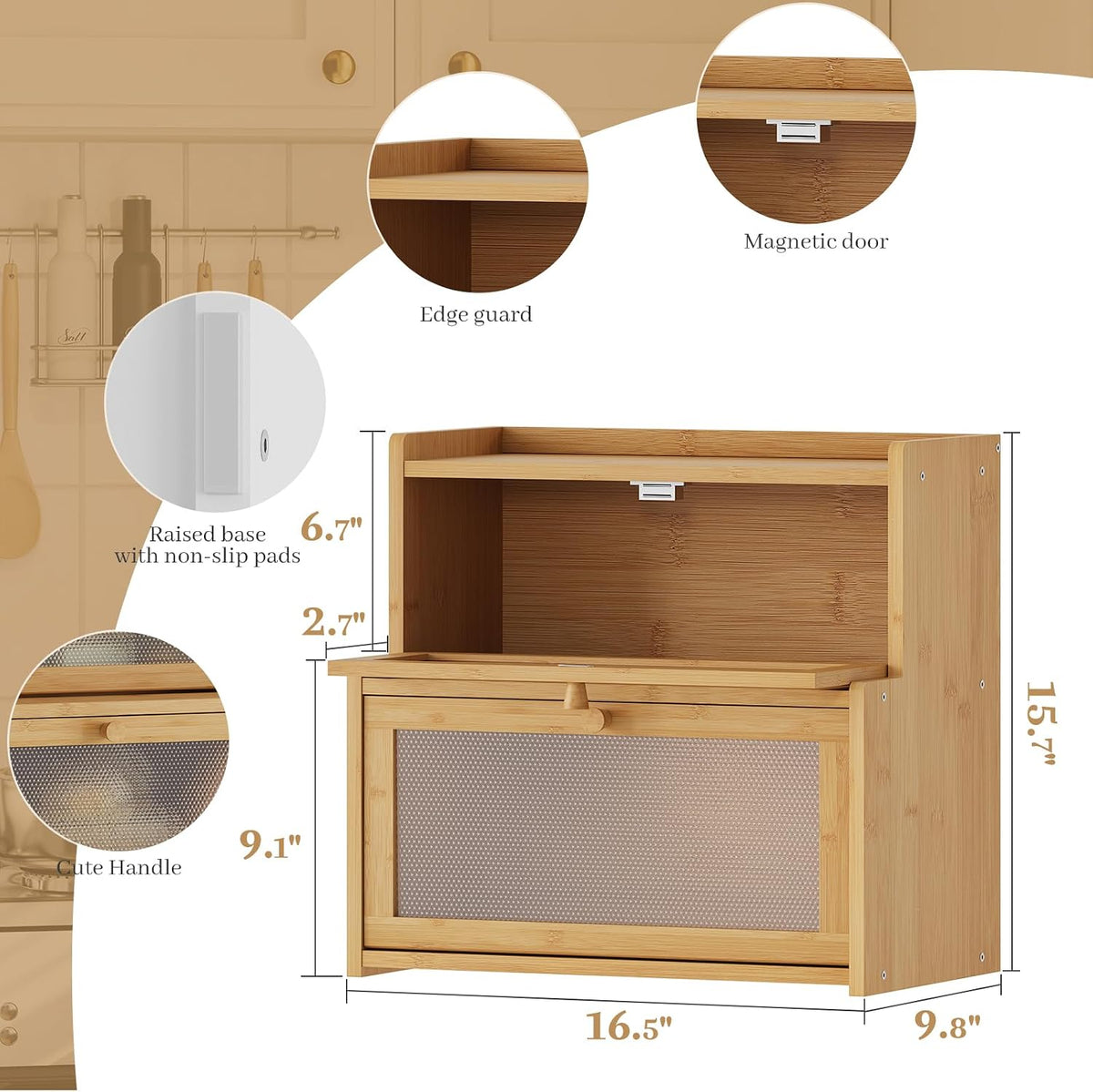 Bread Box for Kitchen Countertop, Large Bamboo Bread Storage Container with Double Layer, Bread Holder for Homemade