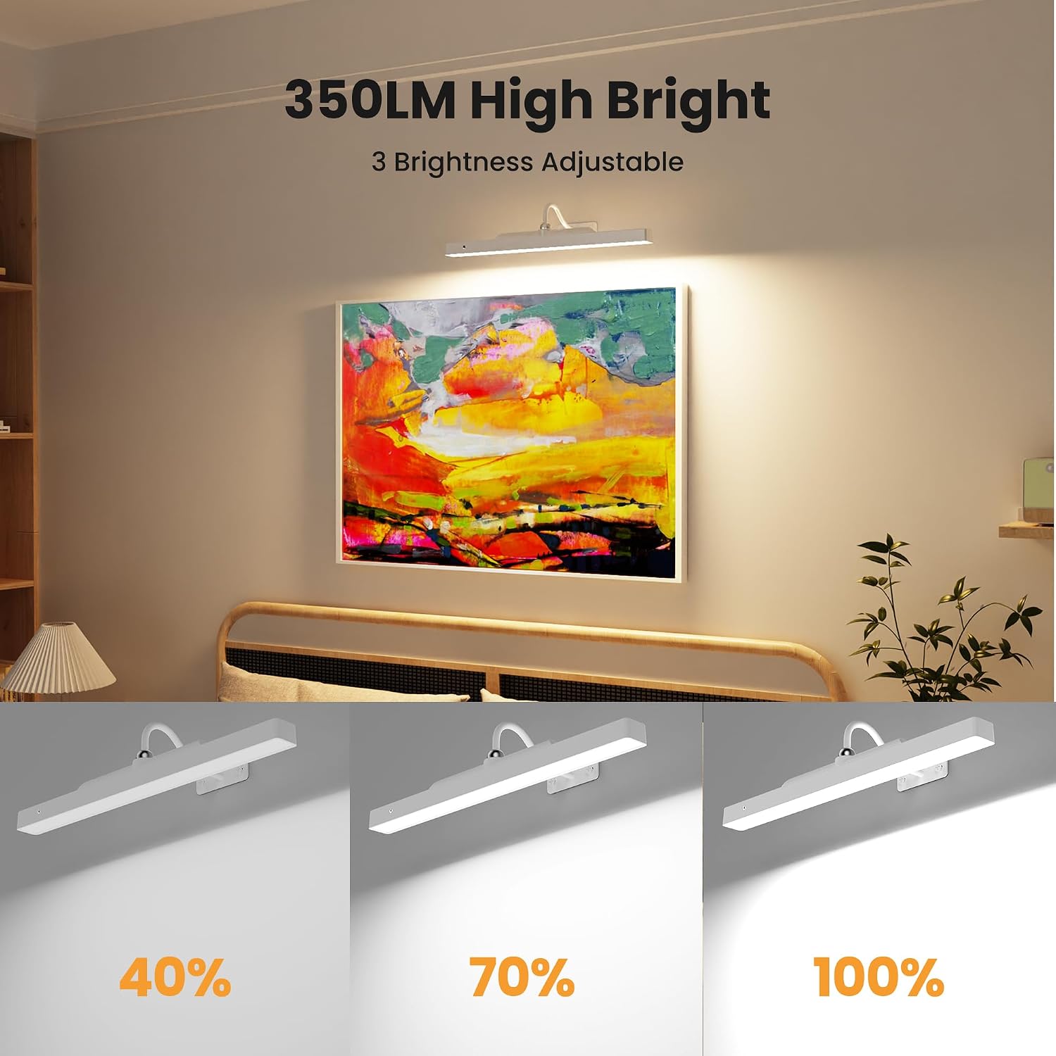 Cordless White Picture Lights for Wall Artworks - Wireless Remote, 3 Modes Dimmable 350LM Above Frame Lighting, 5000mAh