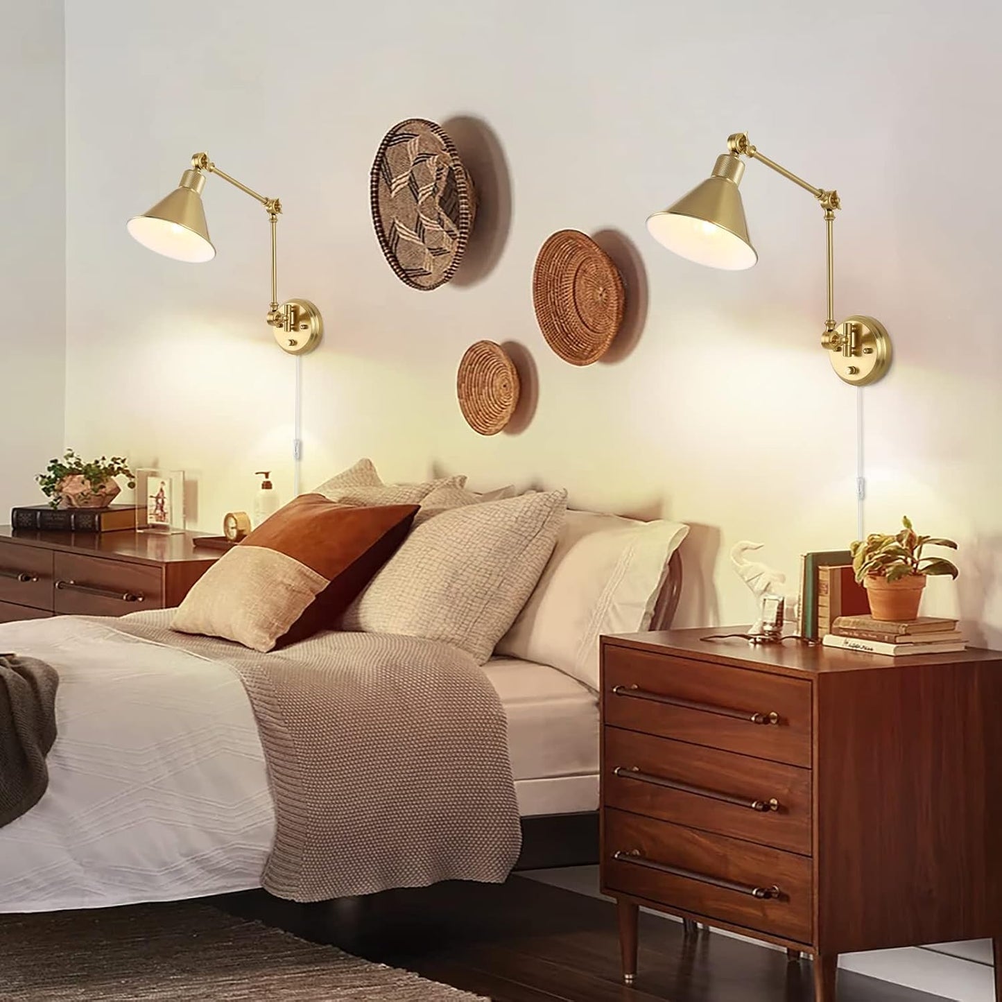 TRLIFE Wall Sconces Plug in, Dimmable Wall Sconces Brushed Brass Swing Arm Wall Lights Plug in Wall Mounted Light