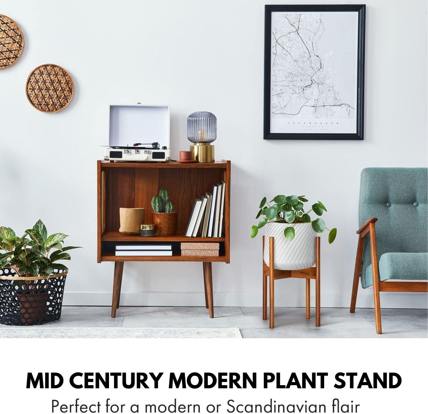 Fox & Fern Mid Century Plant Stands for Indoor Planters, Acacia, 10 Inch | Plug In Design, Holds 175 lbs, Two High