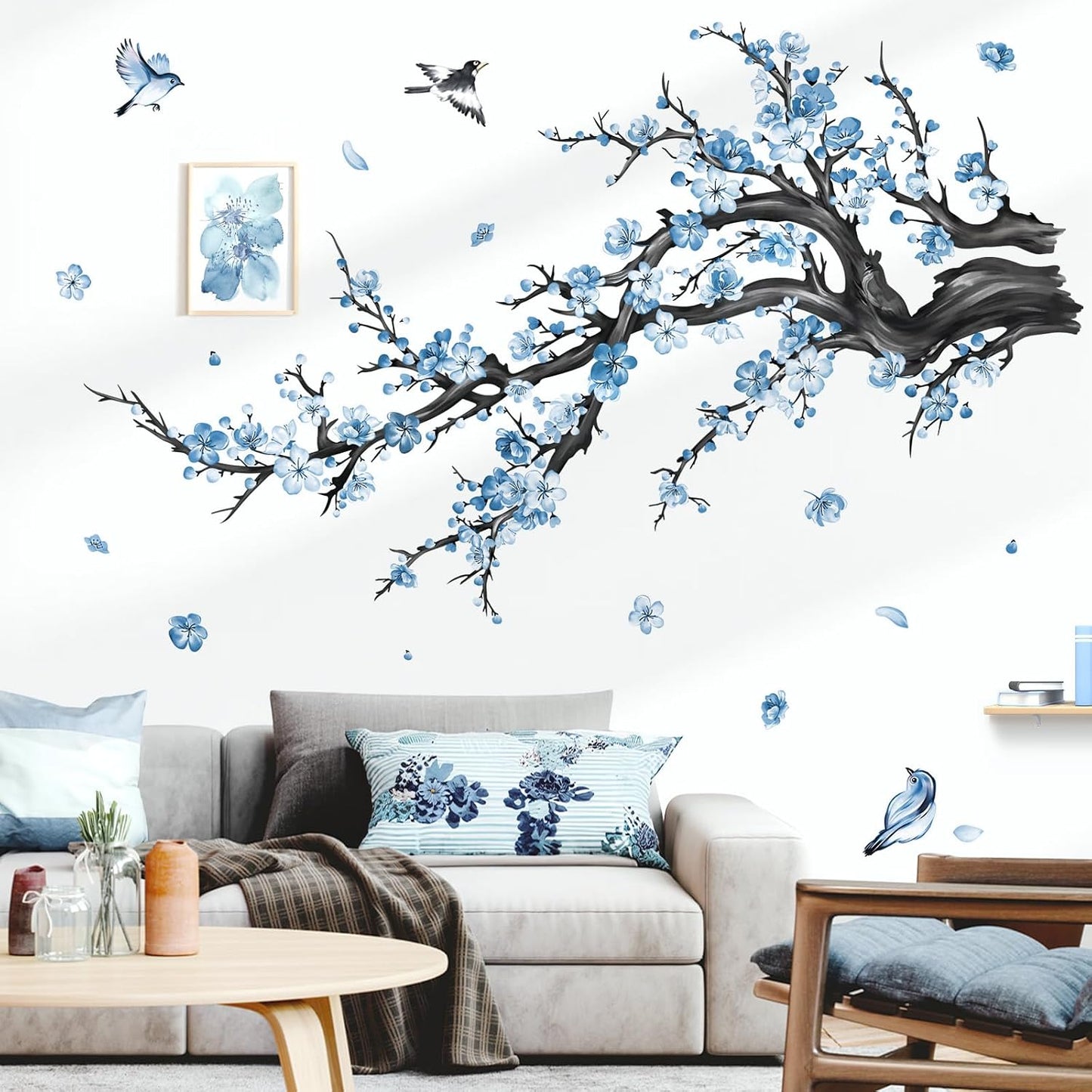 Branch Wall Decals Watercolor Blossom Floral Tree Branches Wall Stickers Living Room / Blue Flower