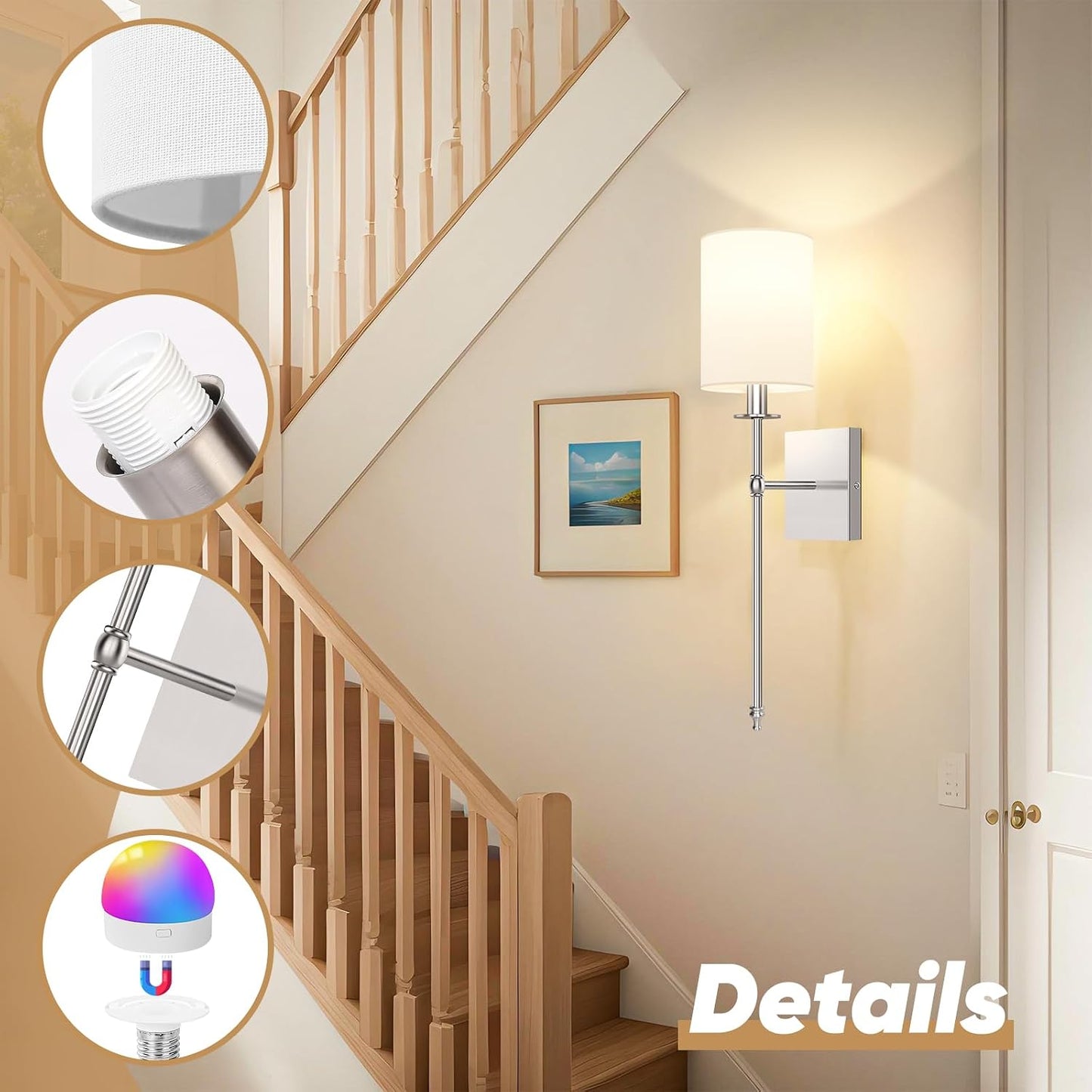 24 Inch Battery Operated Wall Sconces Set of 2 with Remote, Brushed Nickel Rechargeable Wireless Wall Lights with White
