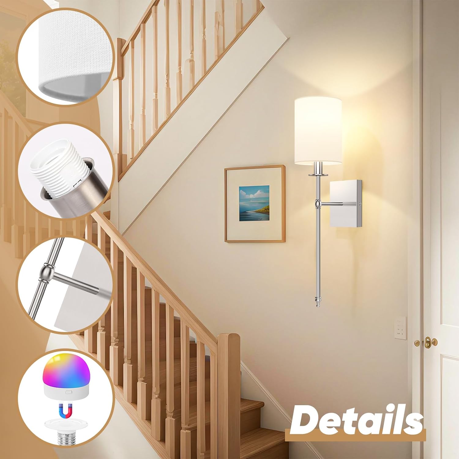 24 Inch Battery Operated Wall Sconces Set of 2 with Remote, Brushed Nickel Rechargeable Wireless Wall Lights with White