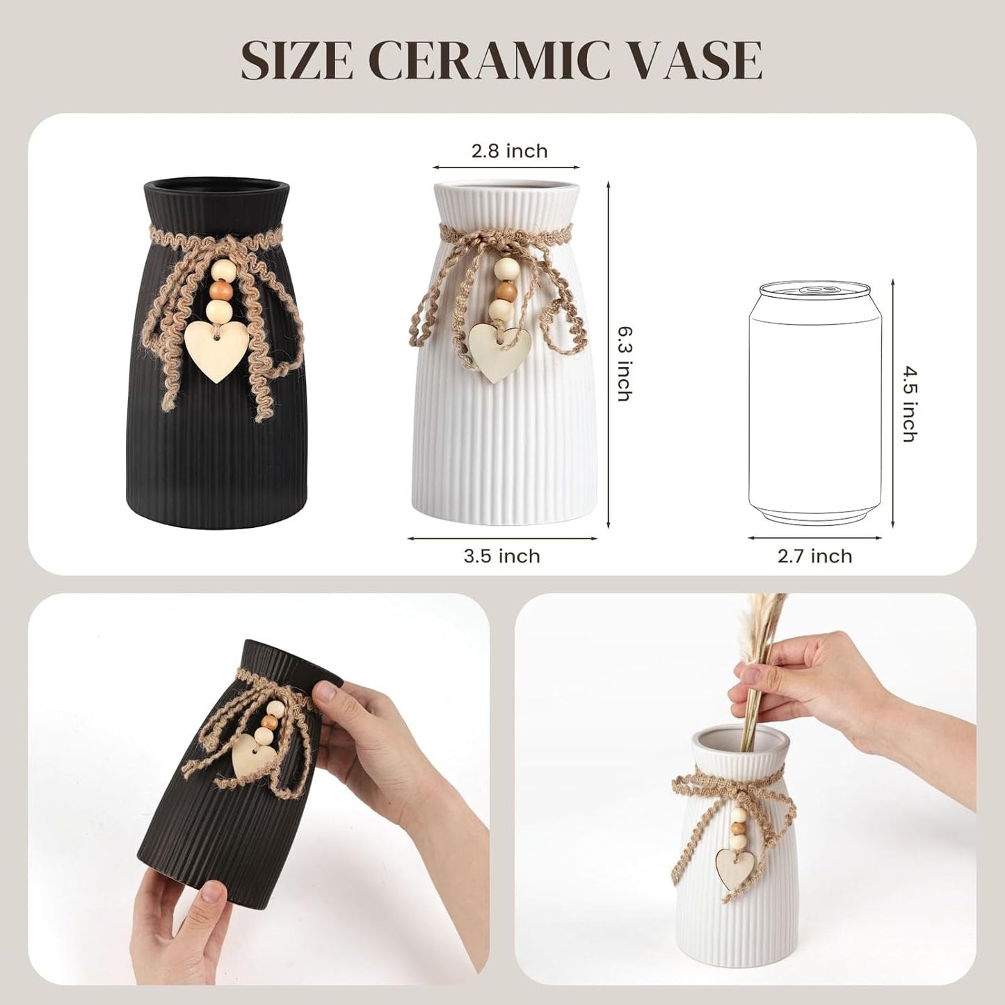 Ceramic Vase / 6.3" Tall Small Flower Vase for Pampas Grass / White