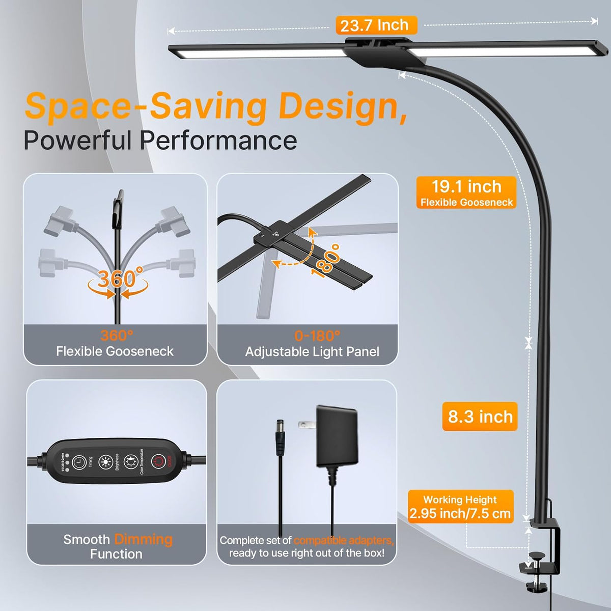 Syrinx LED Desk Lamp for Home Office, 18W 2000LM Dual Head Architect Lamp | Wide-Area Eye-Caring Lighting, Adjustable