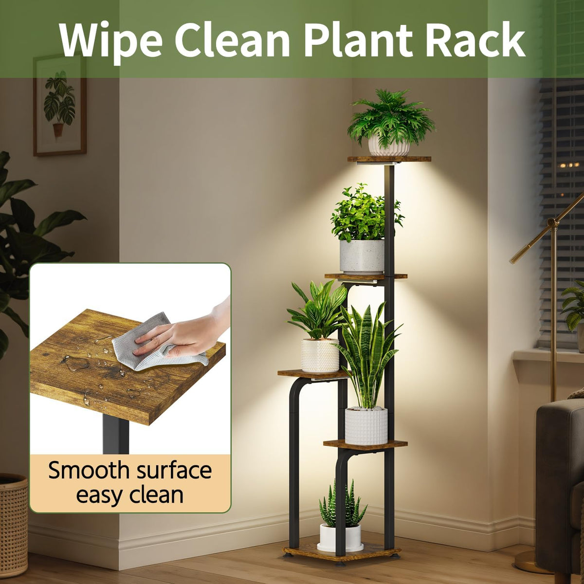 LASZOLA Plant Stand Shelf Tall for Indoor Corner with Lights, 5 Tier Brown | Modern Multiple Flower Display Rack with