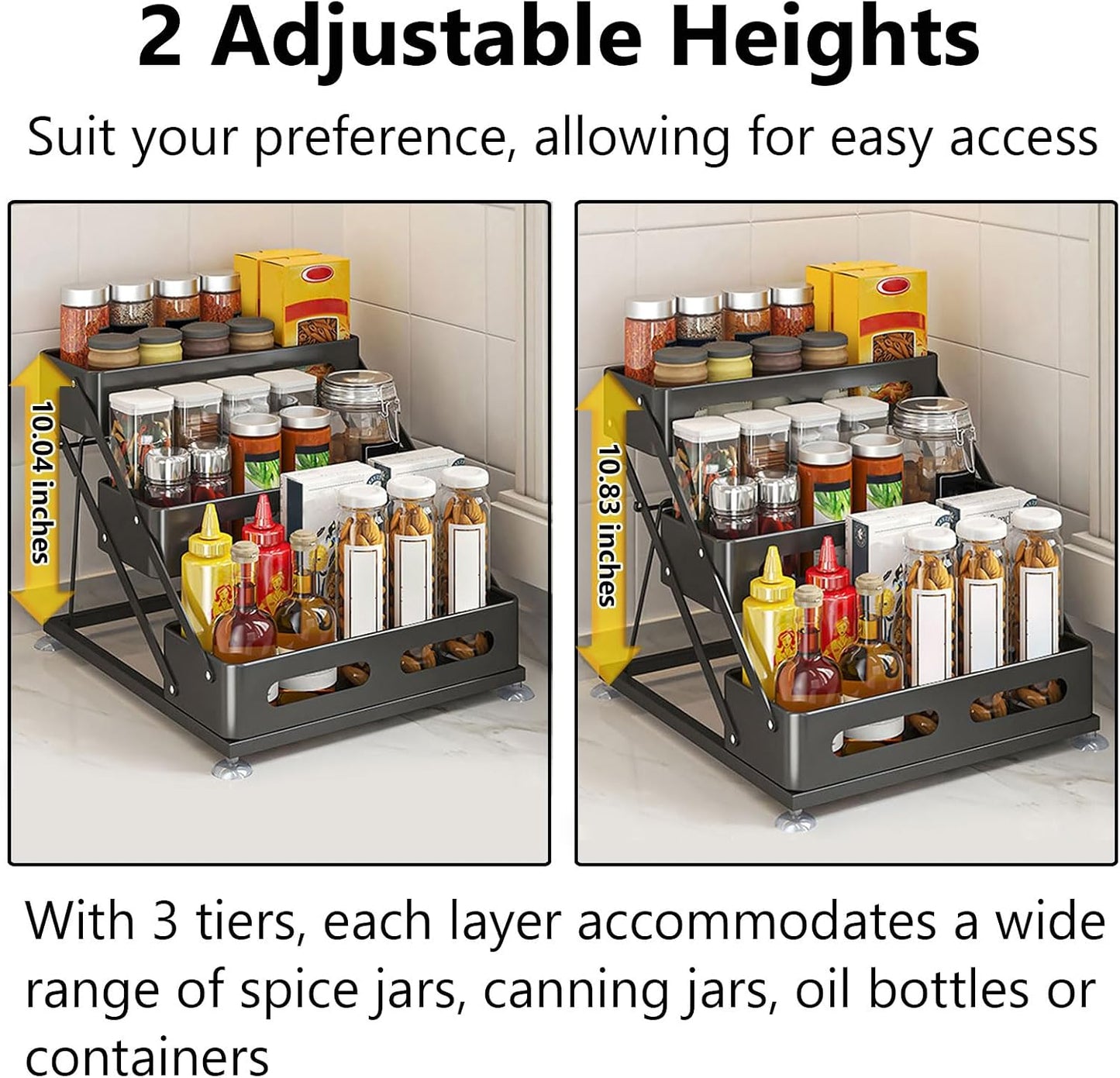 Ceetug 3 Tier Foldable Spice Rack, Black | Iron, For Countertop, Kitchen Seasoning Organizer, For Cabinet