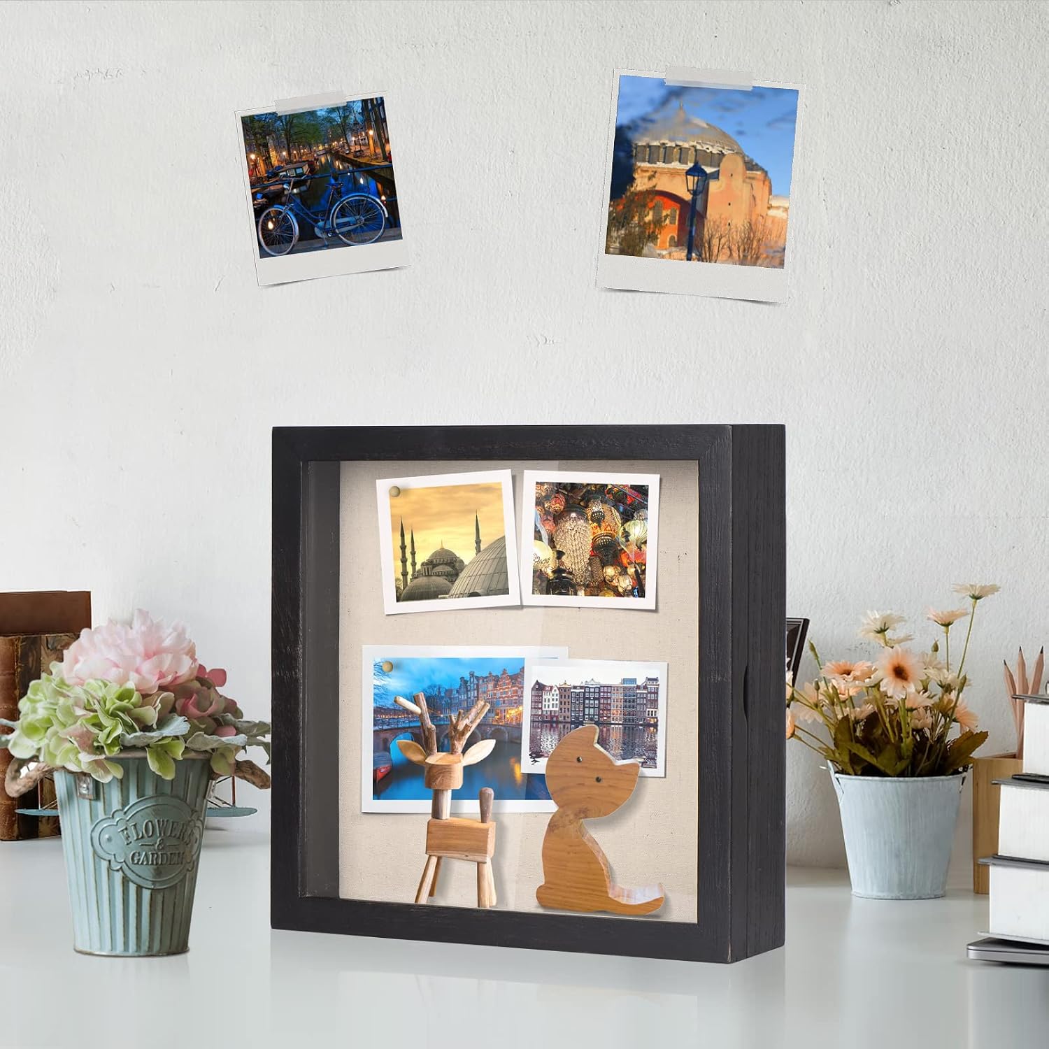 Love-KANKEI Deep Shadow Box 11x11,Solid Wood Frame,Memory Box,Rustic Black | Front-Opening Glass Magnetic Door,Linen