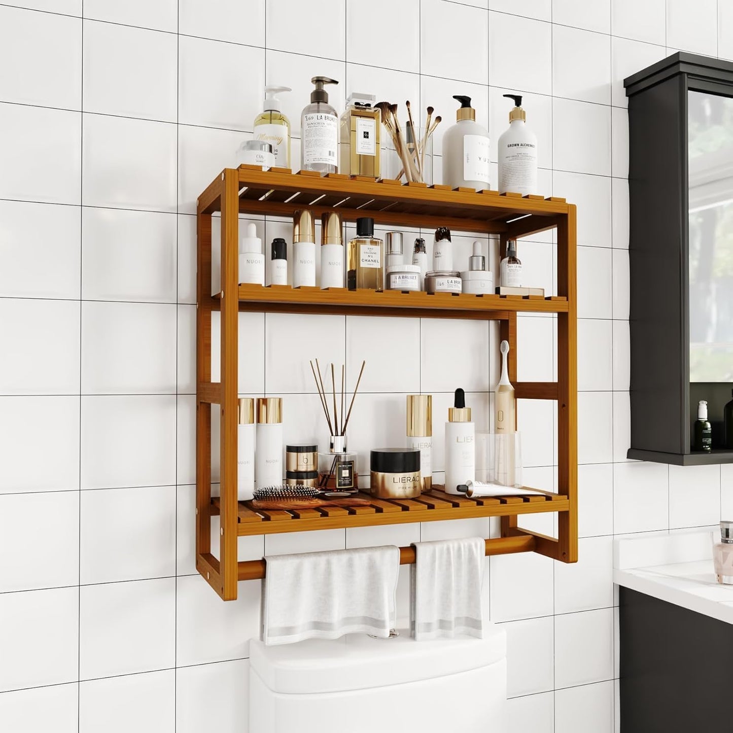 Galood Over The Toilet Storage Bathroom Shelves Wall Mounted 3 Tier Brown | Space Saver Corner Shelf Organizer Bamboo