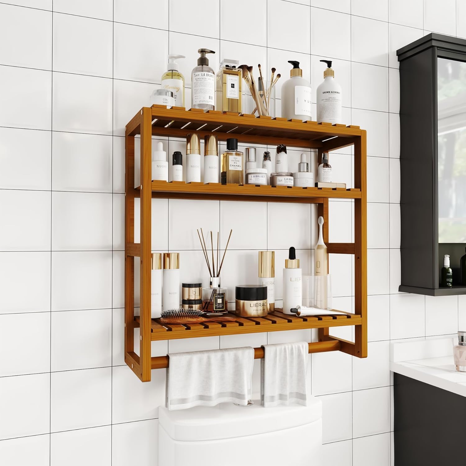 Galood Over The Toilet Storage Bathroom Shelves Wall Mounted 3 Tier Brown | Space Saver Corner Shelf Organizer Bamboo